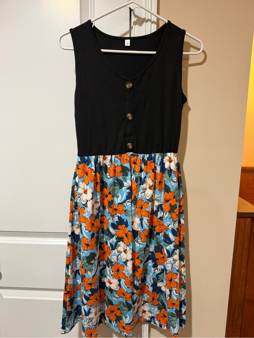 Amazon womens Black Tank Top Midi Dress with Blue, Orange and White Floral Skirt